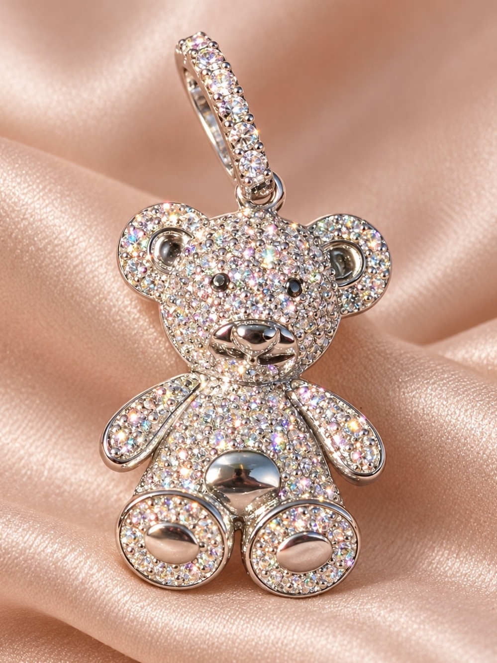 925 Sterling Silver Moissanite Teddy Bear Pendant - Multicolor Sparkle